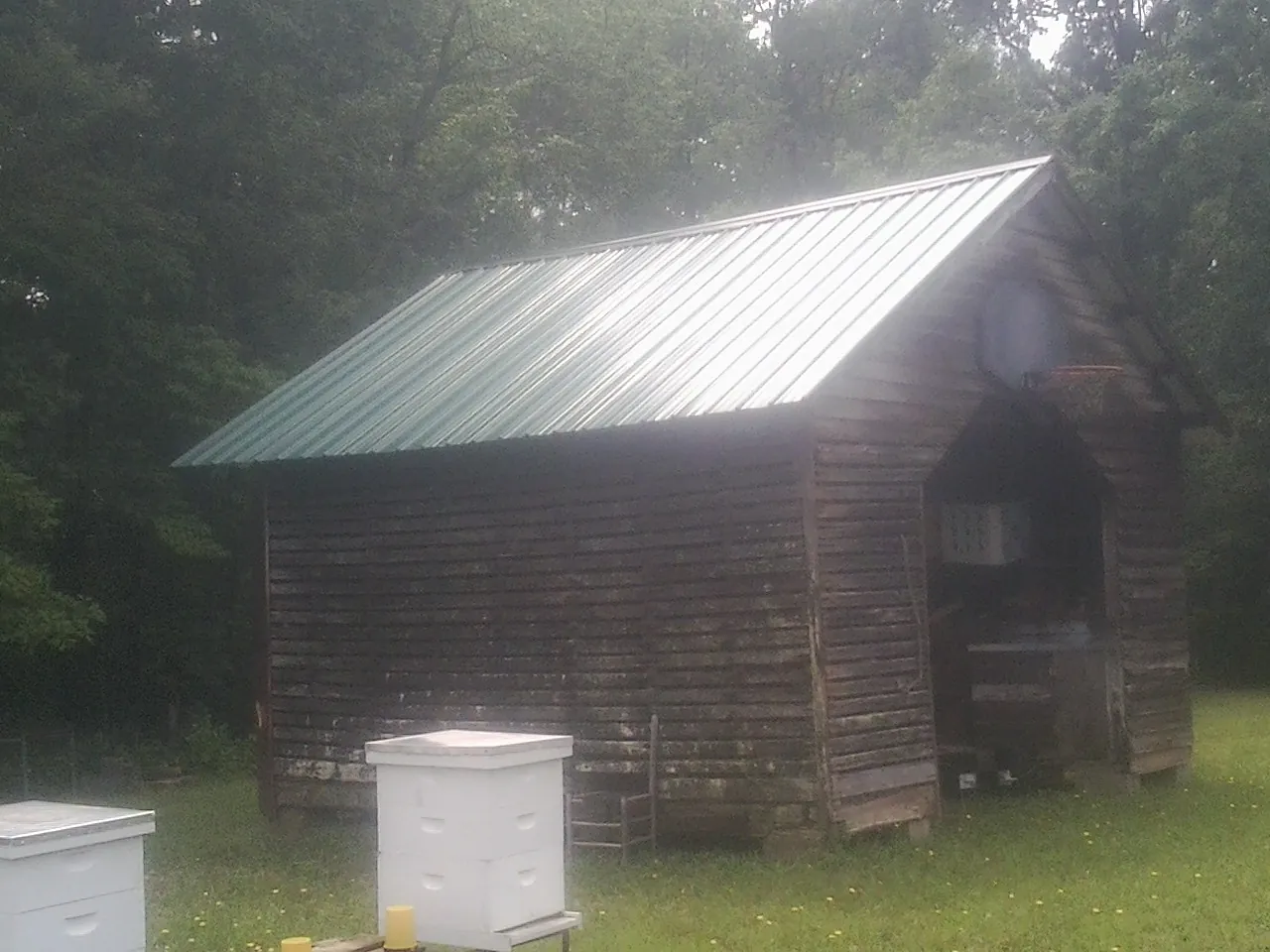 Green metal roof on a weathered barn beside stacked beehives in Olin