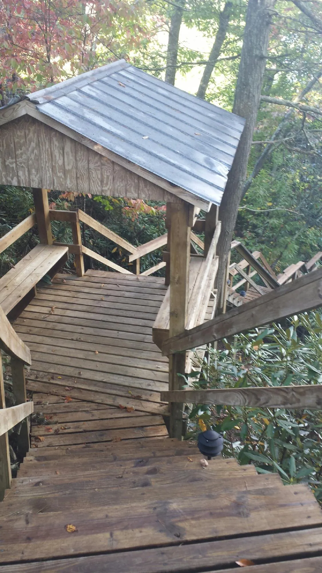 Metal roofed shelter over wooden steps on a wooded walkway — Skylight Repair & Installation work by our crew in Olin